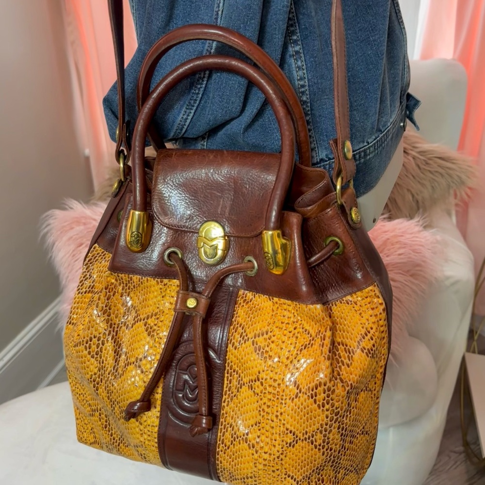 RARE MARINO ORLANDI VINTAGE ITALIAN LEATHER & PYTHON SLING SHOULDER BAG